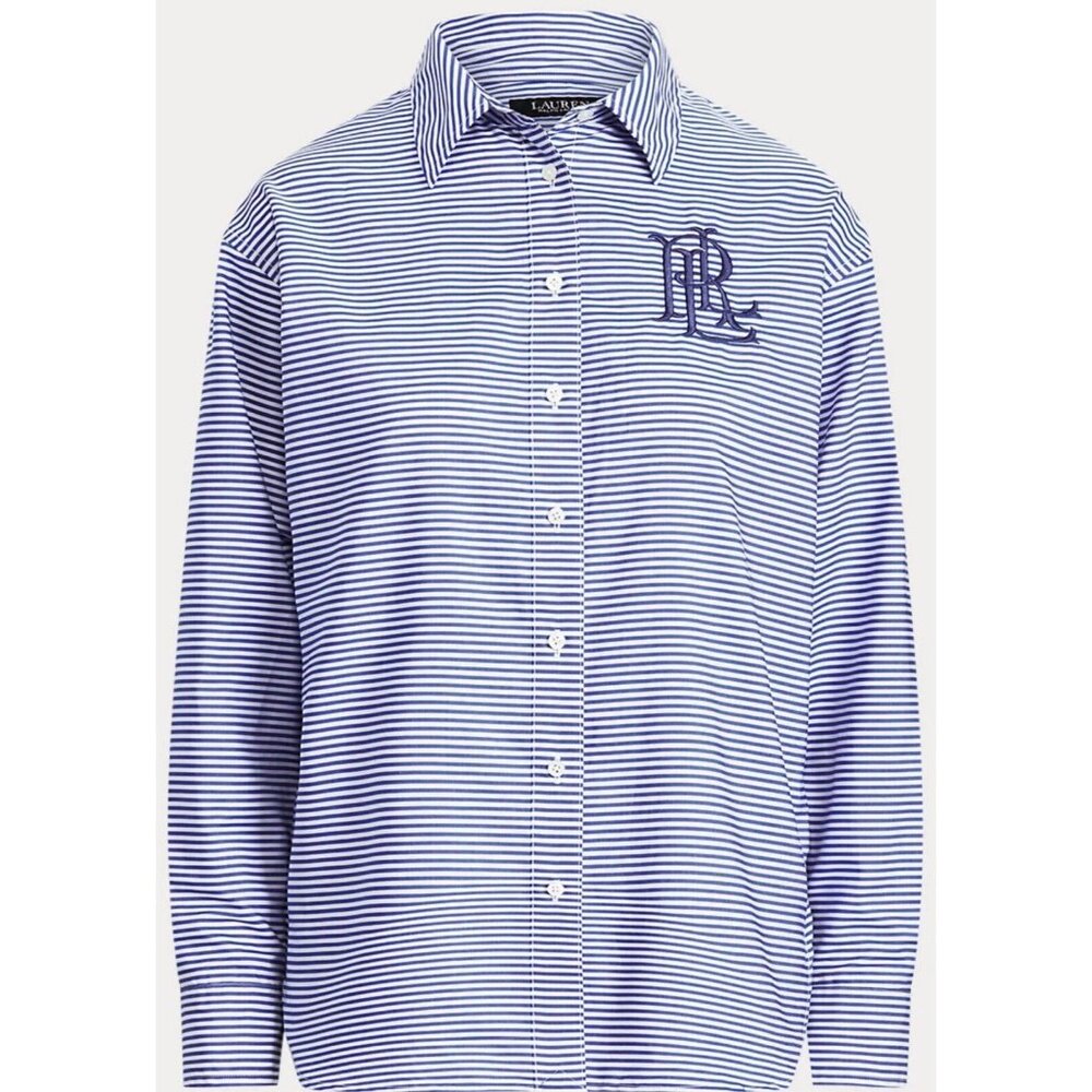 LAUREN RALPH LAUREN Strip Cotton Broadcloth Shirt Women's Size Small Embroidered - Picture 12 of 16